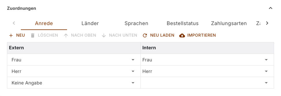Bereich Zuordnungen eines Shopware-Kanals mit der Registerreihe, den Spalten Extern und Intern und den Schaltflächen darüber