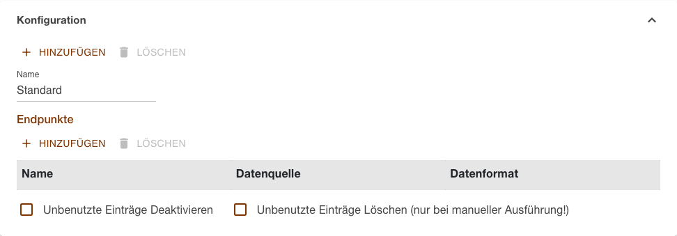 Bereich Konfiguration einer dateibasierten Importaufgabe mit der Liste der Endpunkte