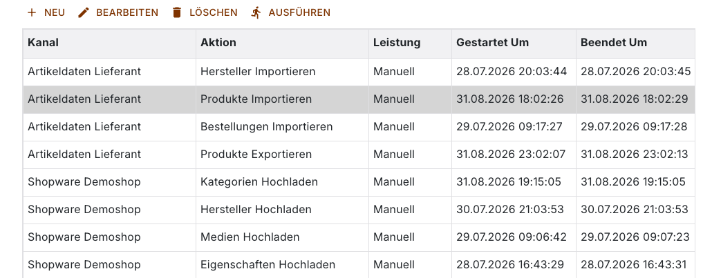 Aufgabenliste mit ausgewählter Zeile und den vier Schaltflächen Neu, Bearbeiten, Löschen und Ausführen