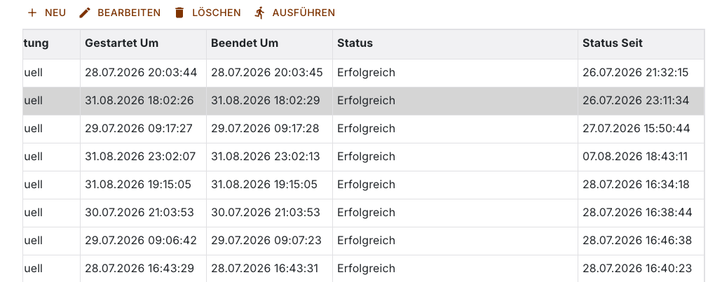 Aufgabenliste nach rechts geschoben, mit den Spalten Status und Status Seit