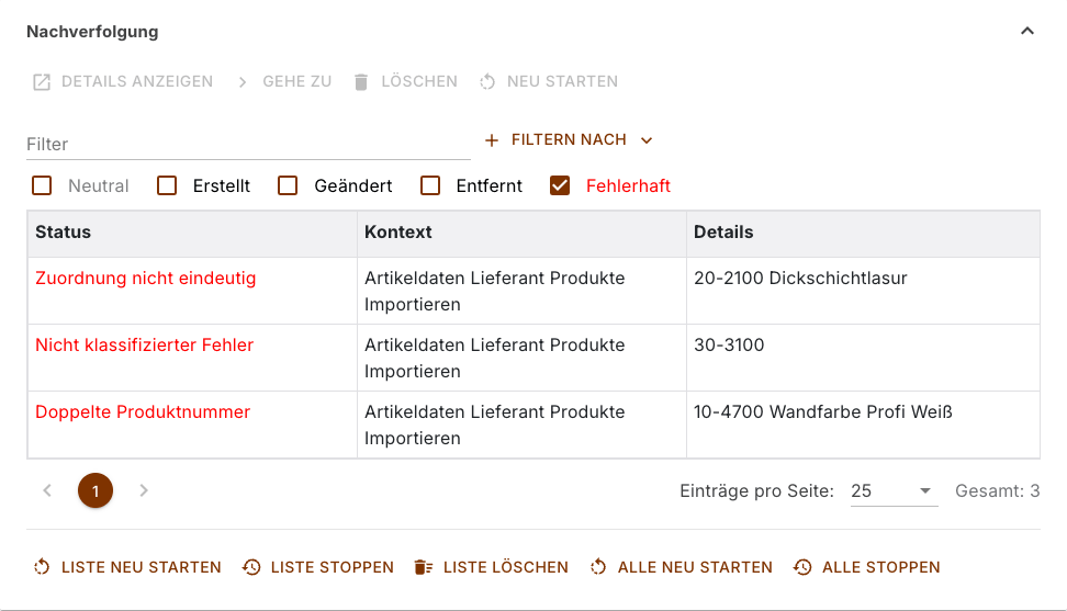 Bereich Nachverfolgung einer Aufgabe mit der zweiten Schaltflächenreihe unter der Liste