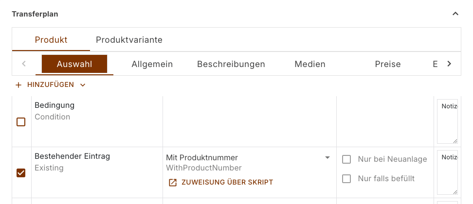 Bereich Transferplan mit den beiden Registerreihen für Plan und Abschnitt und den ersten Zuweisungszeilen