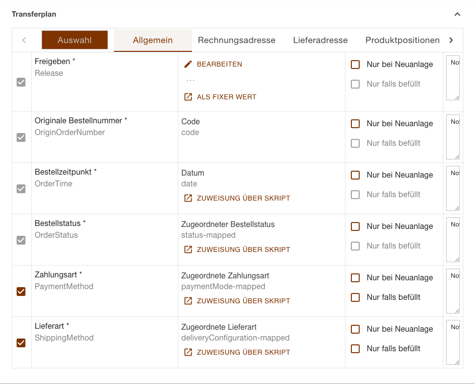 Transferplan der Aufgabe Bestellungen Herunterladen mit der blätternden Abschnittsleiste und den sechs Zeilen des Abschnitts Allgemein