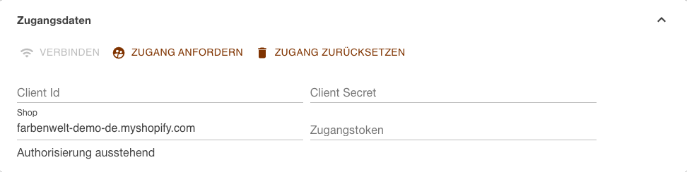 Bereich Zugangsdaten des Shopify-Kanals mit eingetragener Shop-Adresse, den drei Schaltflächen darüber und dem Hinweis Authorisierung ausstehend