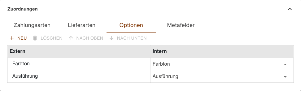 Register Optionen des Shopify-Kanals mit zwei Zeilen, links der eingetippte Optionsname und rechts die Auswahlliste der Eigenschaften