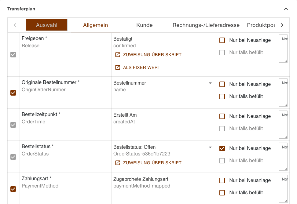 Transferplan der Aufgabe Bestellungen Herunterladen mit der geblätterten Abschnittsleiste und dem geöffneten Abschnitt Allgemein