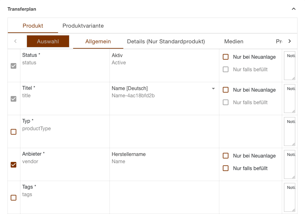 Transferplan der Aufgabe Produkte Hochladen mit der Leiste für die beiden Pläne, darunter der Abschnittsleiste und dem geöffneten Abschnitt Allgemein
