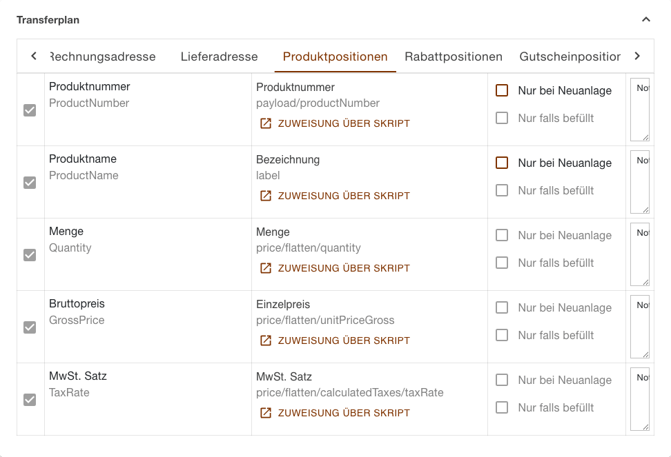Abschnitt Produktpositionen im Transferplan der Aufgabe Bestellungen Herunterladen mit den fünf Pflichtzuweisungen