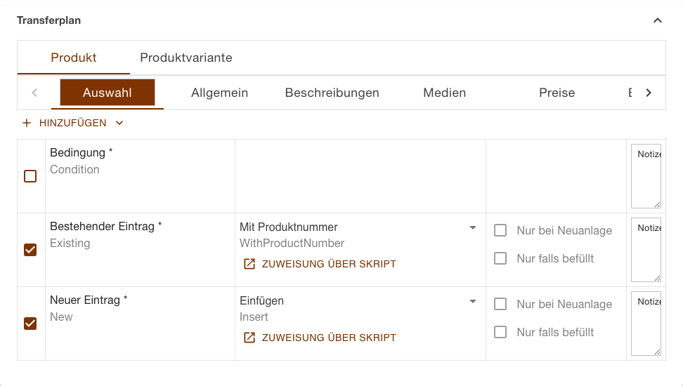 Transferplan der Aufgabe Produkte Herunterladen mit den Plänen Produkt und Produktvariante und dem geöffneten Abschnitt Auswahl