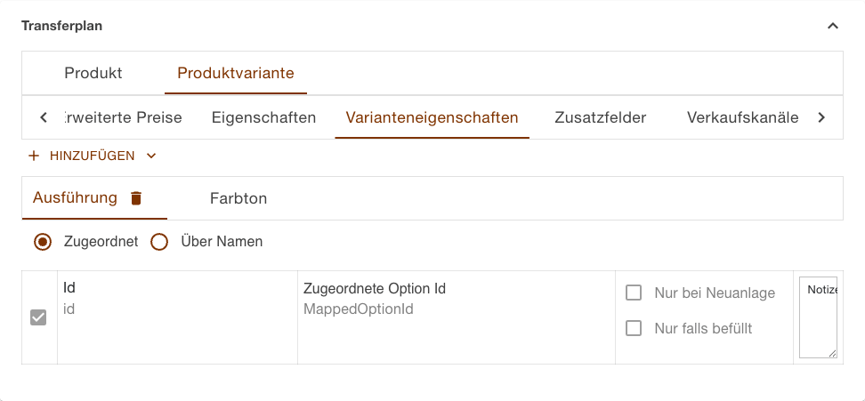Transferplan der Aufgabe Produkte Hochladen mit den Plänen Produkt und Produktvariante und dem geöffneten Abschnitt Varianteneigenschaften