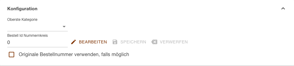 Bereich Konfiguration des TriData-Kanals mit Oberster Kategorie, Bestell Id Nummernkreis und dem Kontrollkästchen für die originale Bestellnummer