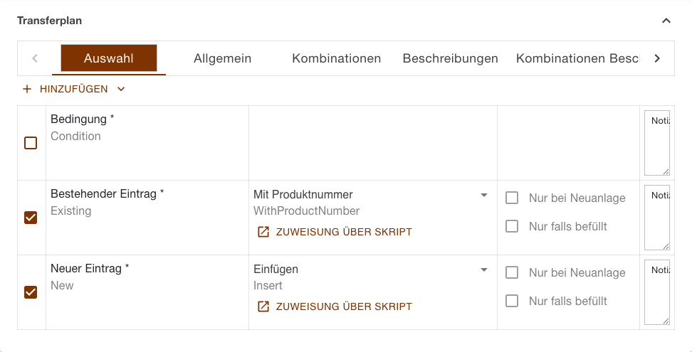 Transferplan der Aufgabe Produkte Herunterladen mit der Abschnittsleiste und dem geöffneten Abschnitt Auswahl