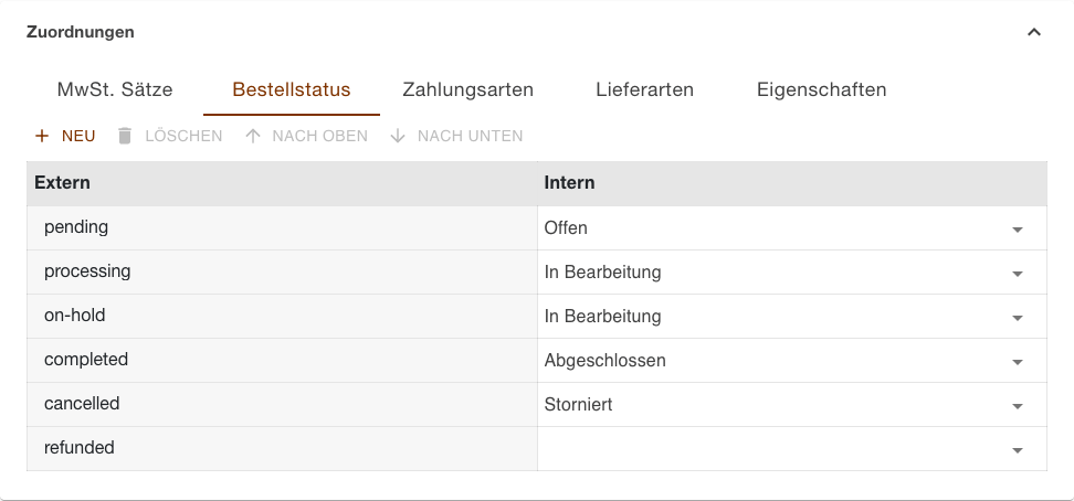 Register Bestellstatus des WooCommerce-Kanals mit sechs vorbelegten Zeilen, davon refunded ohne interne Entsprechung