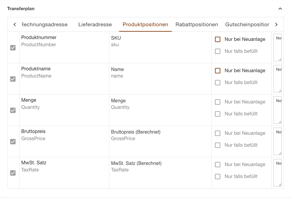 Transferplan der Aufgabe Bestellungen Herunterladen mit dem geöffneten Abschnitt Produktpositionen und der weitergeblätterten Abschnittsleiste