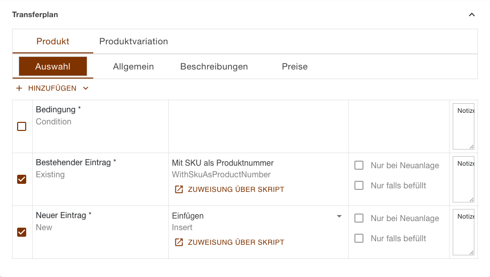 Transferplan der Aufgabe Produkte Herunterladen mit den Plänen Produkt und Produktvariation und dem geöffneten Abschnitt Auswahl