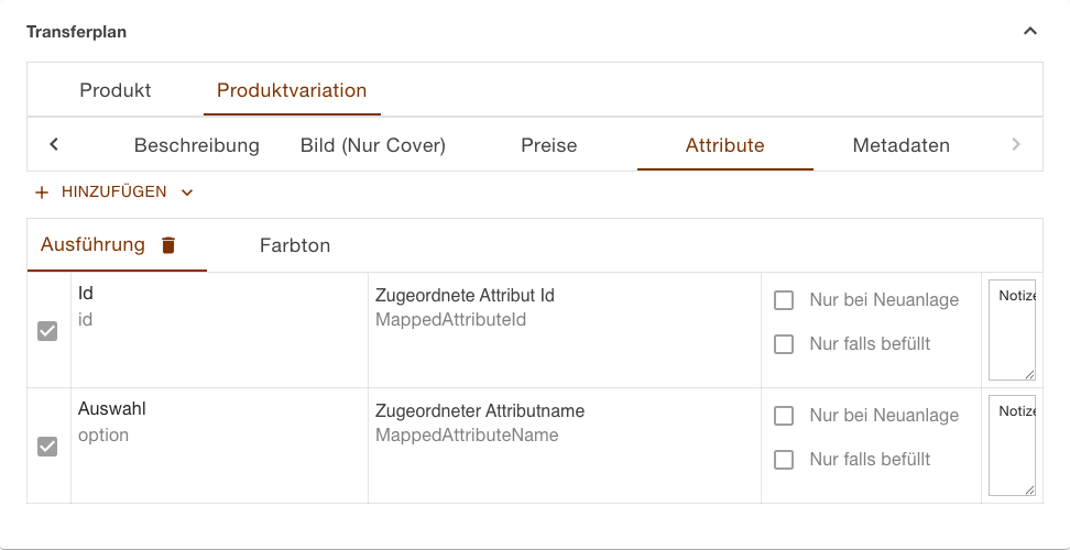 Transferplan der Aufgabe Produkte Hochladen mit dem gewählten Plan Produktvariation und dem Abschnitt Attribute, darin die beiden Achsen Ausführung und Farbton