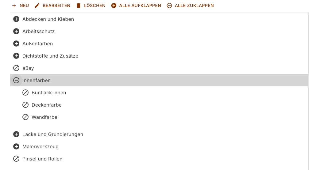 Kategoriebaum mit ausgewählter und aufgeklappter Kategorie Innenfarben