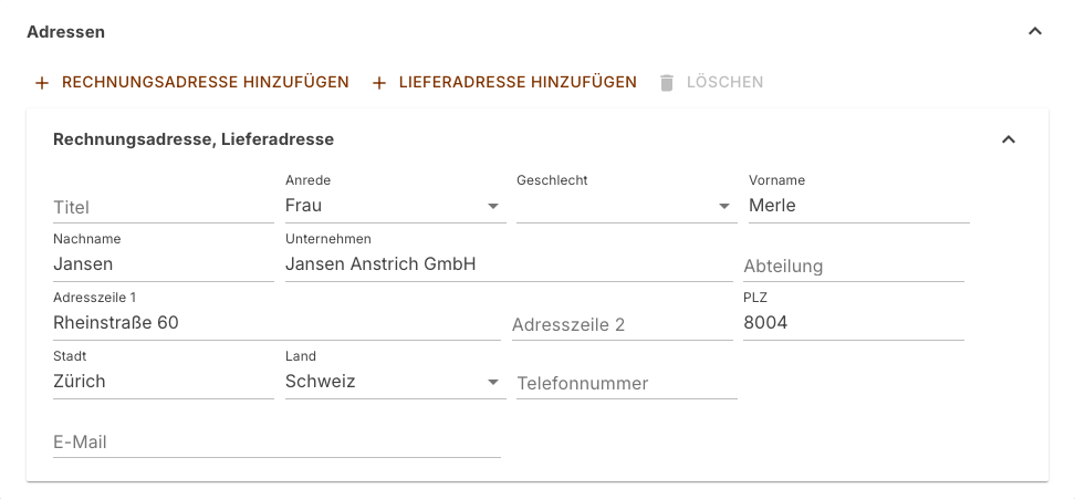 Bereich Adressen mit einer Anschrift, die Rechnungs- und Lieferadresse zugleich ist