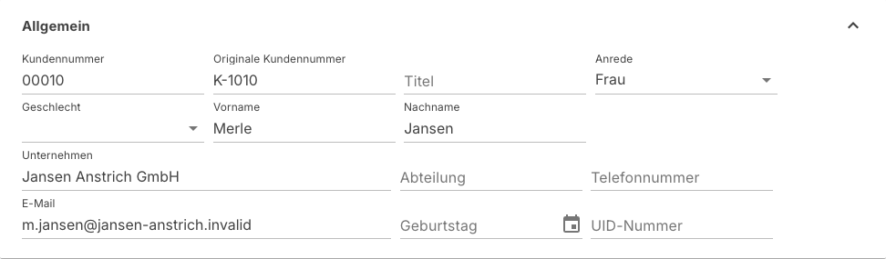 Bereich Allgemein mit Kundennummer, Anrede und Namensfeldern