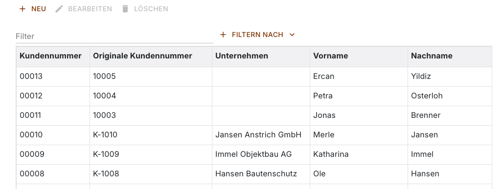 Kundenliste mit der Werkzeugleiste, dem Filterfeld und den ersten fünf Spalten