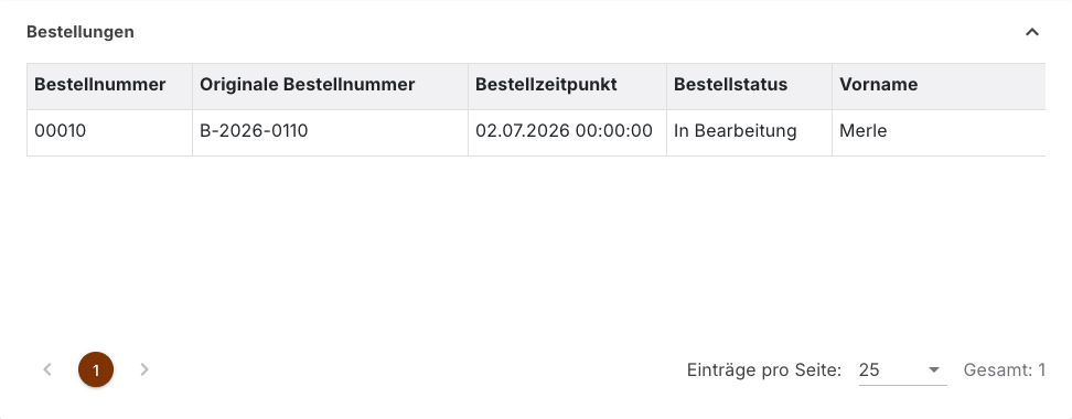 Bereich Bestellungen mit der einen Bestellung dieses Kunden