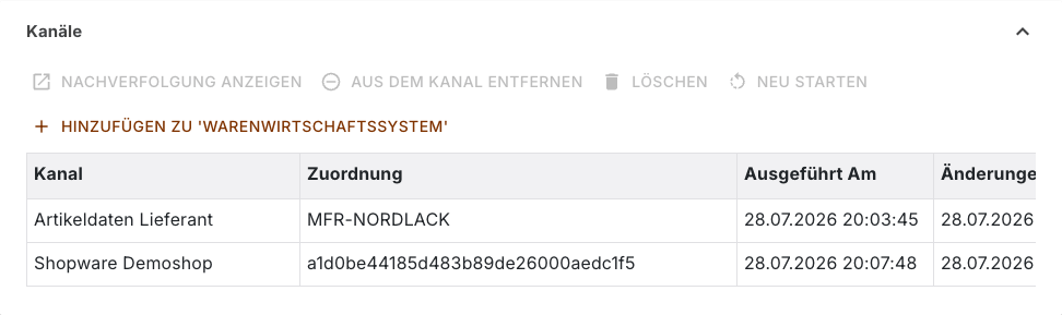 Bereich Kanäle mit zwei Kanalzuordnungen und der Schaltfläche zum Hinzufügen zum Warenwirtschaftssystem