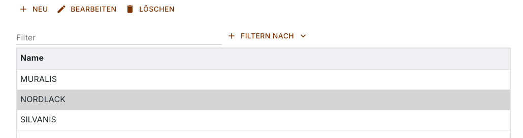 Herstellerliste mit ausgewählter Zeile NORDLACK und den Schaltflächen Neu, Bearbeiten und Löschen