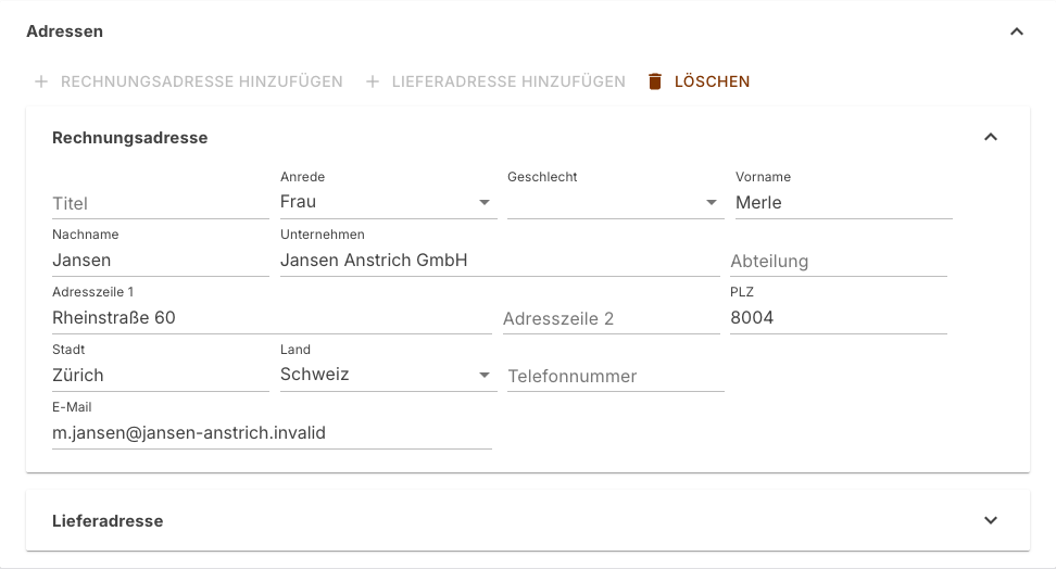 Bereich Adressen mit aufgeklappter Rechnungsadresse und zugeklappter Lieferadresse