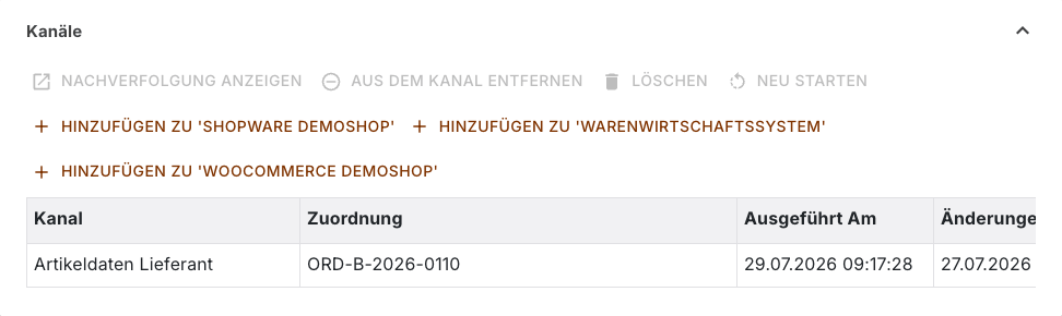 Bereich Kanäle der Bestellung mit einer Kanalzuordnung