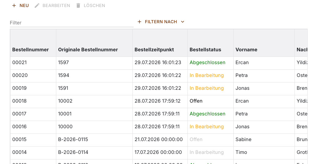 Bestellliste mit der Werkzeugleiste, dem Filterfeld und den ersten acht Spalten