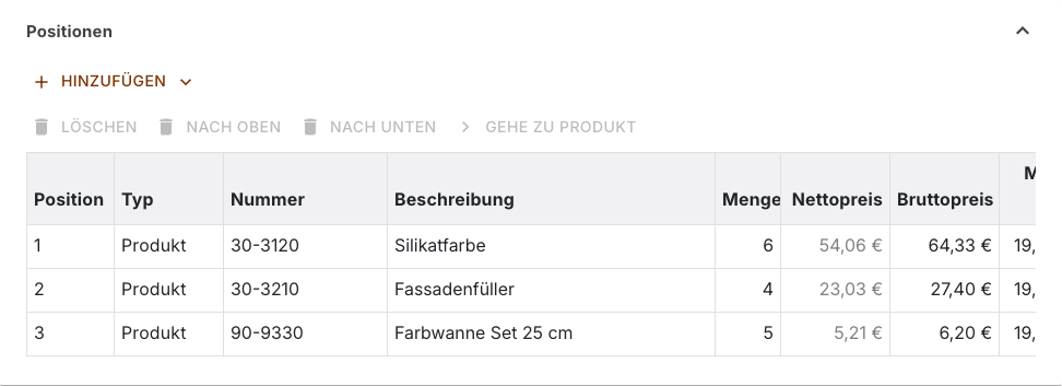 Bereich Positionen mit drei Zeilen und den Spalten Position bis Bruttopreis