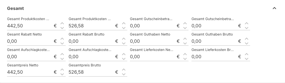 Bereich Gesamt mit den sieben Betragspaaren aus netto und brutto