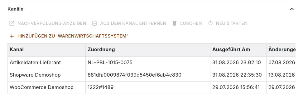 Bereich Kanäle mit drei Kanalzuordnungen und den Schaltflächen darüber