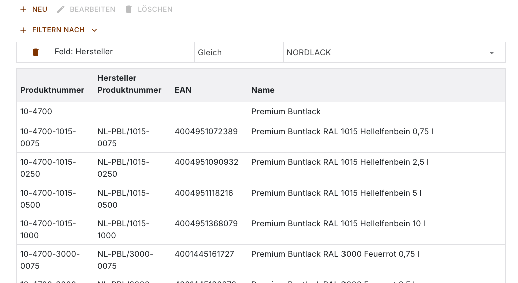Produktliste mit der Bedingung Feld Hersteller gleich NORDLACK, das Feld Filter fehlt
