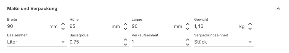 Bereich Maße und Verpackung mit den Maßen, dem Gewicht und den Einheiten