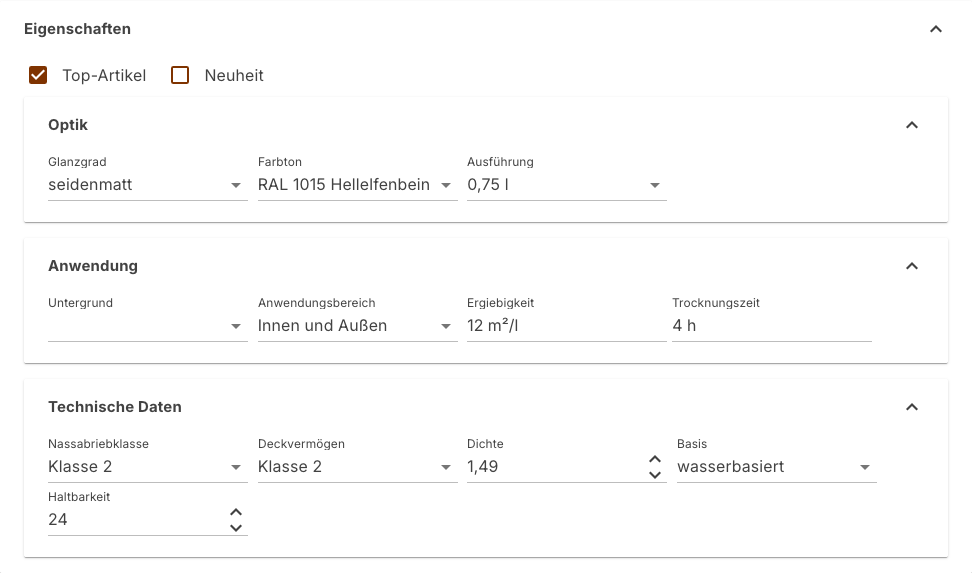 Bereich Eigenschaften mit zwei Merkmalen ohne Gruppe und drei Gruppenblöcken