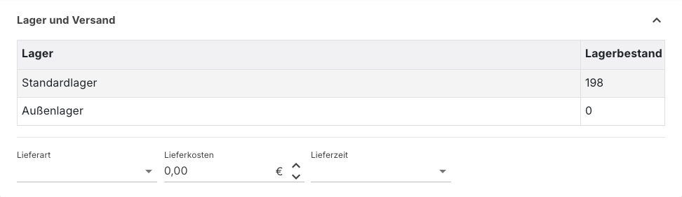 Bereich Lager und Versand mit zwei Lagerzeilen und den Versandfeldern
