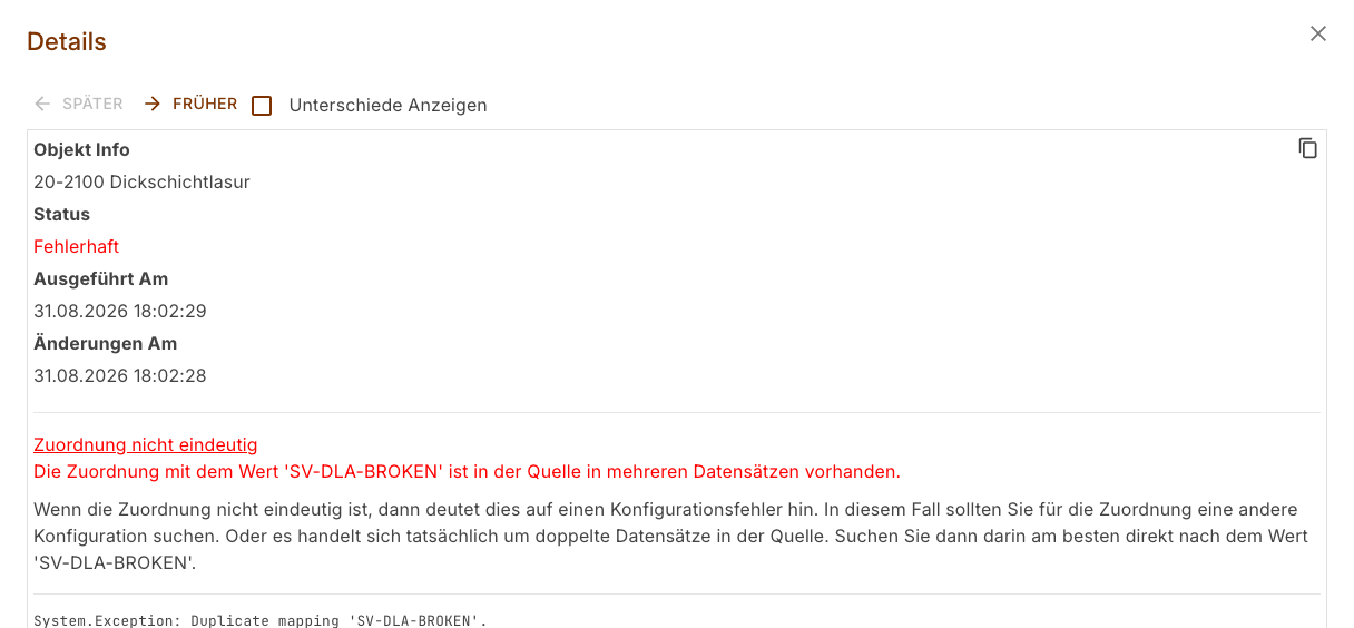Der Dialog Details mit dem Kästchen Unterschiede Anzeigen, Objektinfo, Status und Fehlermeldung