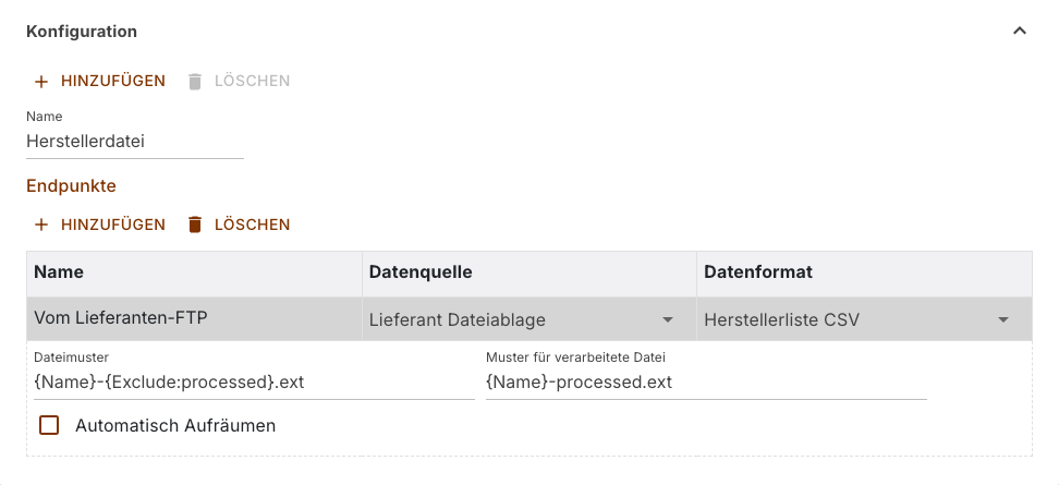 Bereich Konfiguration einer Aufgabe mit einem Endpunkt und den aufgeklappten Feldern der FTP-Datenquelle