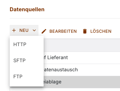 Das geöffnete Menü Neu mit den Einträgen HTTP, SFTP und FTP