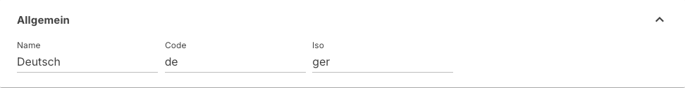 Bereich Allgemein einer Sprache mit Name, Code und Iso