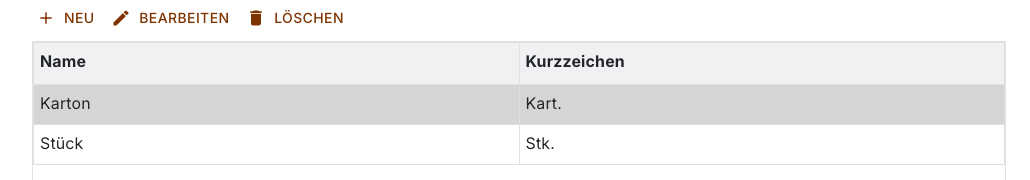 Liste der Verpackungseinheiten mit den Einträgen Karton und Stück, Karton ausgewählt