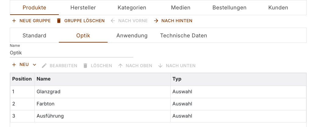 Eigenschaften der Produkte mit den Objektreitern, den Gruppenreitern und der Liste der Gruppe Optik