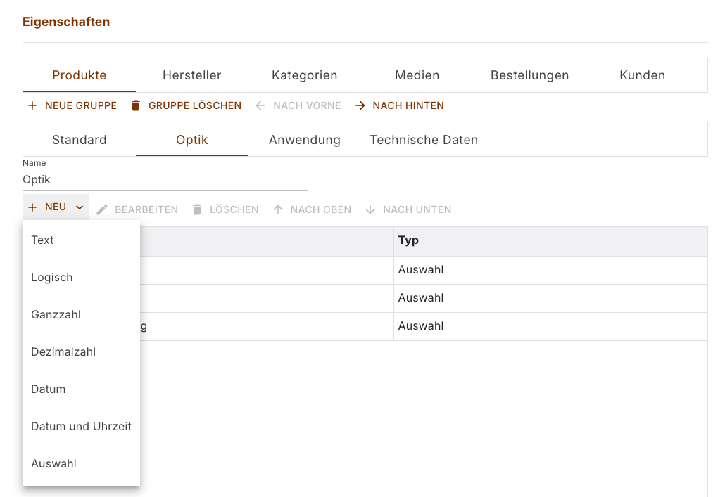 Aufgeklapptes Menü der Schaltfläche Neu mit den sieben Typen von Text bis Auswahl