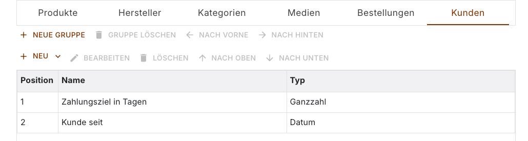 Eigenschaften der Kunden ohne Gruppenreiter, die Liste steht direkt unter der Werkzeugleiste