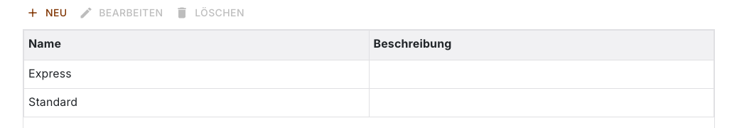 Liste der Lieferarten mit den Einträgen Express und Standard
