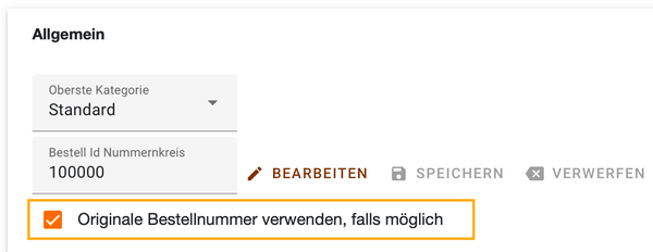 Option Originale Bestellnummer verwenden, falls möglich im Bereich Allgemein