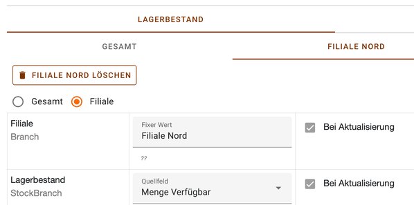 Bereich Lagerbestand im Transferplan mit dem Register Filiale Nord und der Auswahl zwischen Gesamt und Filiale