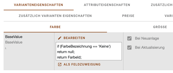 Varianteneigenschaft Farbe mit einem Skript, das den Wert Keine als Nullwert zurückgibt