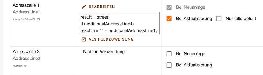 Feld Adresszeile 1 im Transferplan mit dem Skript, das die zusätzlichen Adresszeilen anfügt